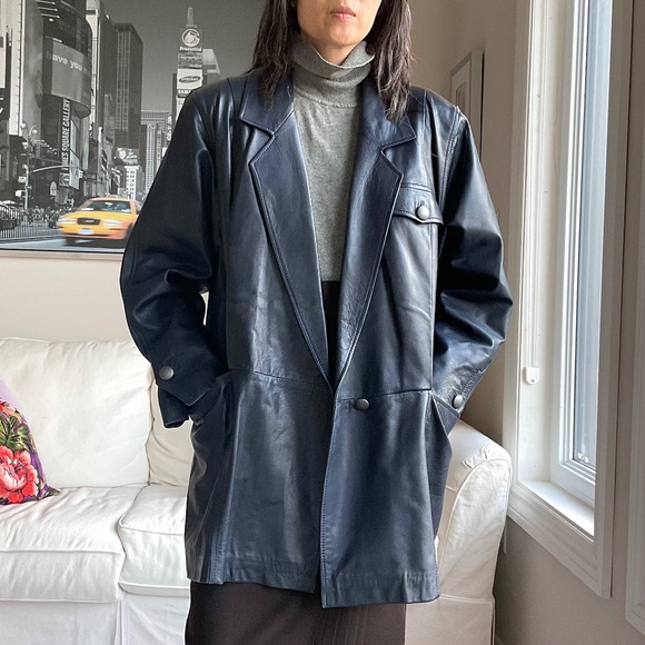 Leather navy blue blazer jacket - Picture 2 of 16